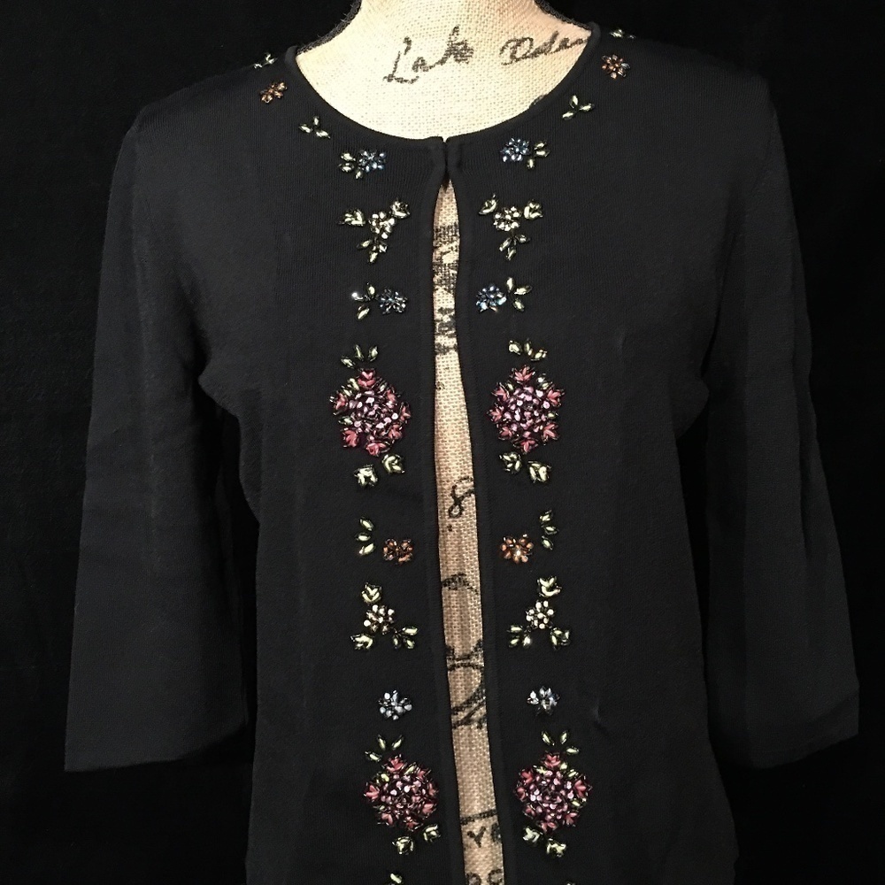 J.A.C. Jeweled/Beaded Open-Front Cardigan, BLACK, 3/4/sleeves, Women’s Size L
